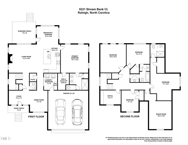 A 2D floor plan of a two-story house showing a first-floor primary suite and a second floor with four bedrooms and a bonus room.