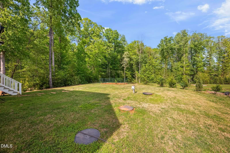 A spacious, grassy backyard on a sunny day, sloping down towards a dense forest. White deck stairs are visible on the left.